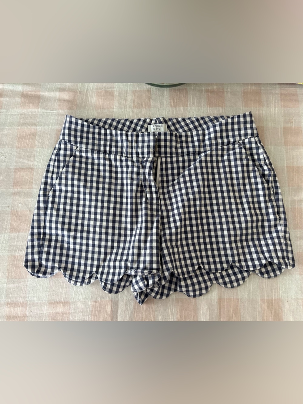 crown & ivy Navy and White Gingham Scallop Hem Shorts